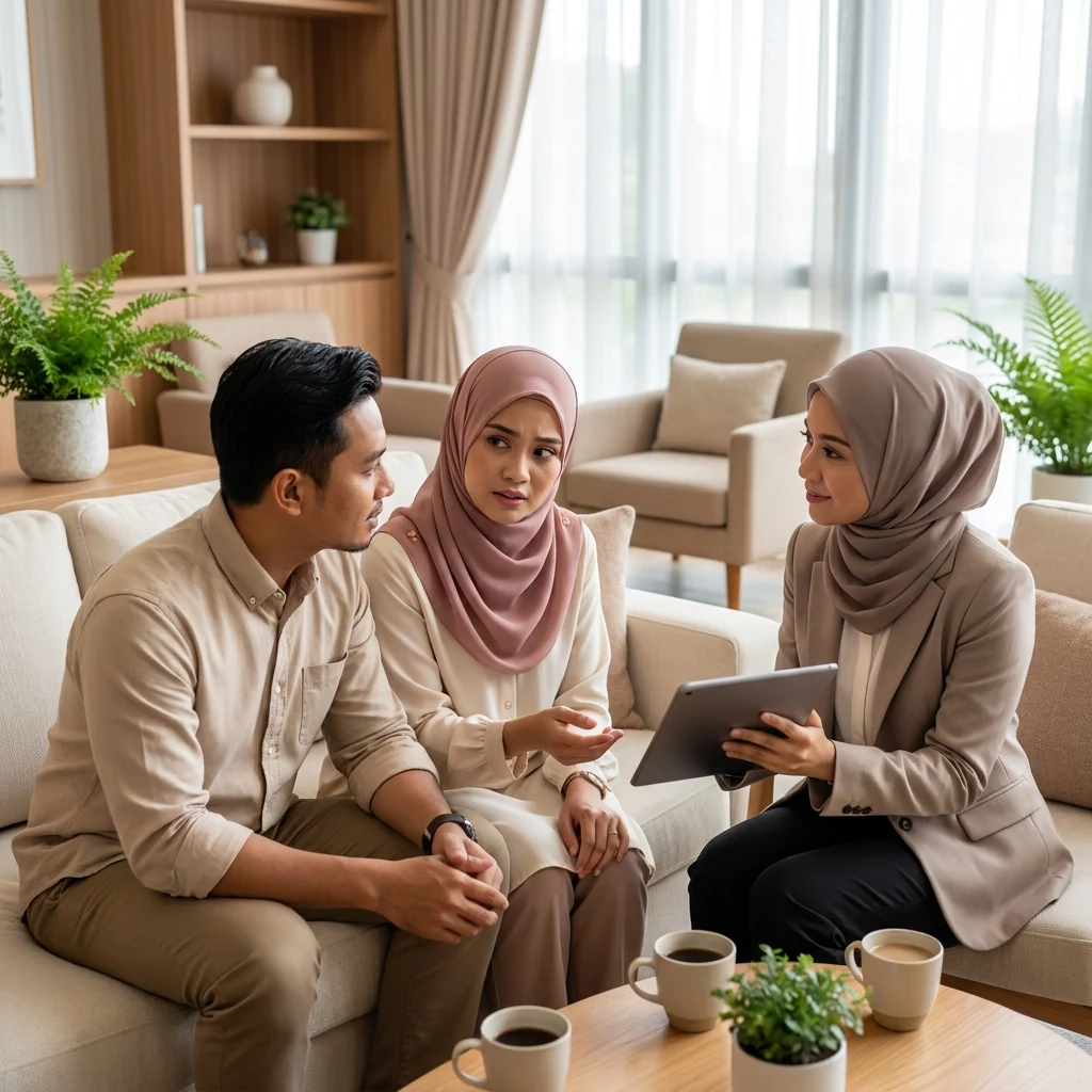 Pasangan berbincang tentang pilihan pelan medical card bersama perunding
