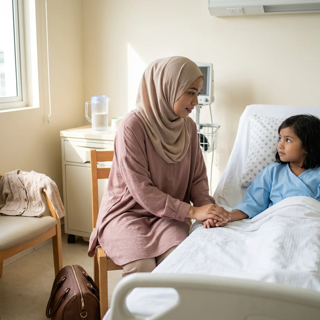 Ibu menemani anak di wad hospital sambil memegang tangannya